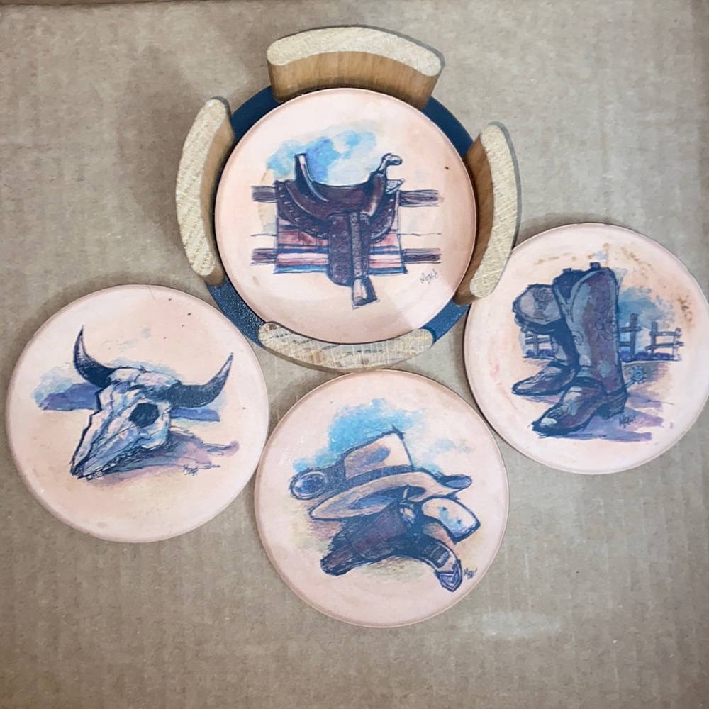 Vintage Absorbent Stone Coaster Cowboy Shoes Skull Hat Saddle Coasters Az Set
